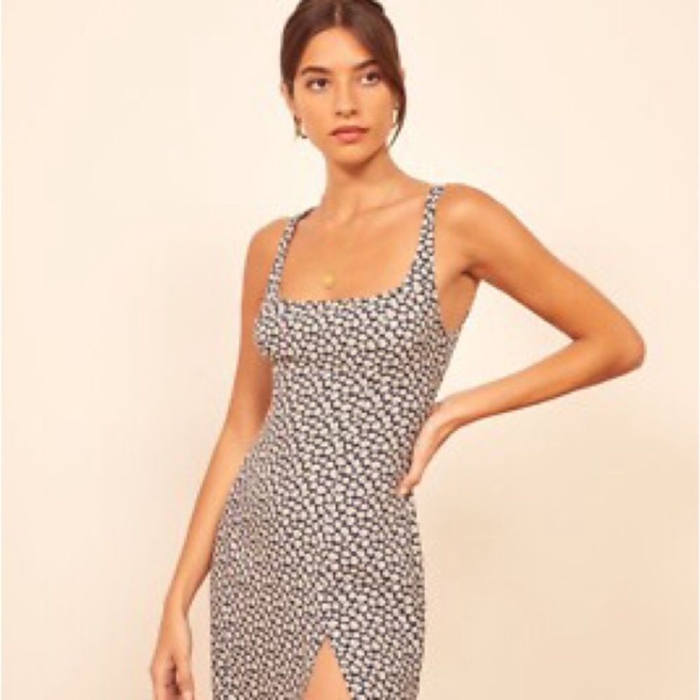 Reformation Noha Dress - Navy and White Floral with Slit